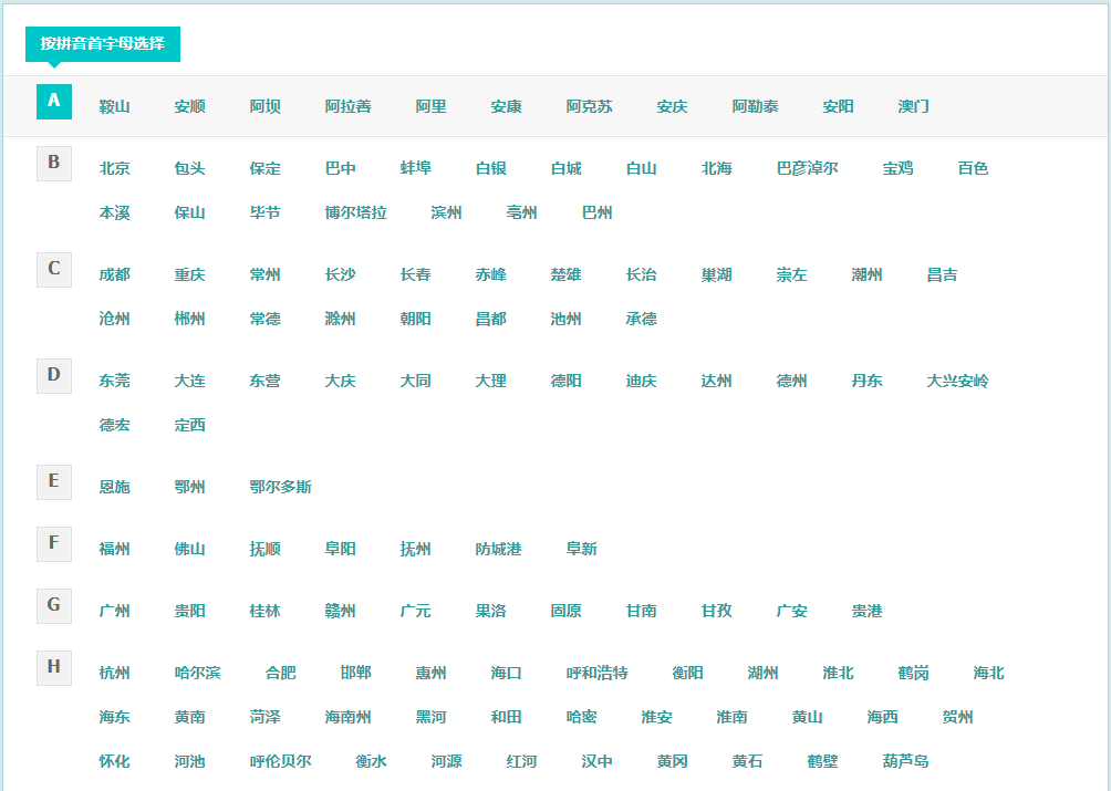 jQuery按拼音首字母选择城市特效代码