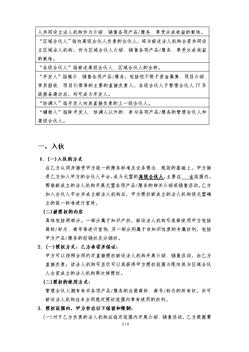 入伙合作协议高级合伙人版模板