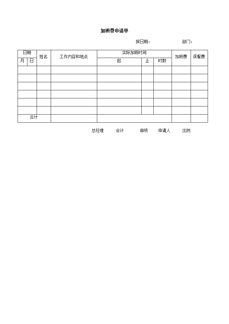 公司加班费申请单表格模板