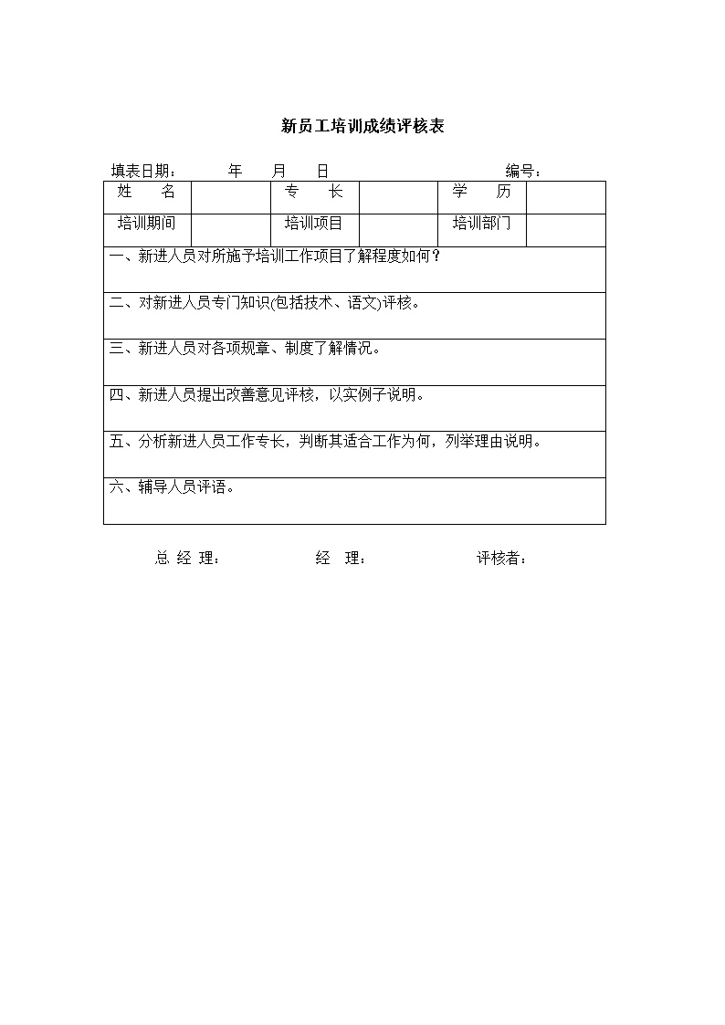 公司企业员工培训成绩评核表表格模板