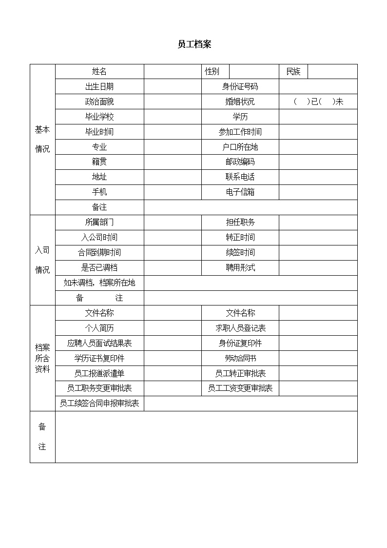 公司企业员工档案信息表格模板