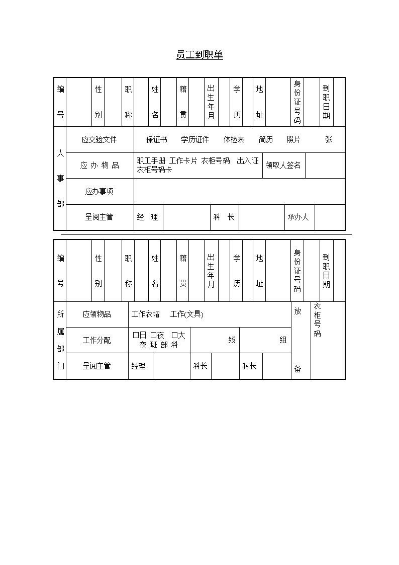 公司企业员工到职单表格模板