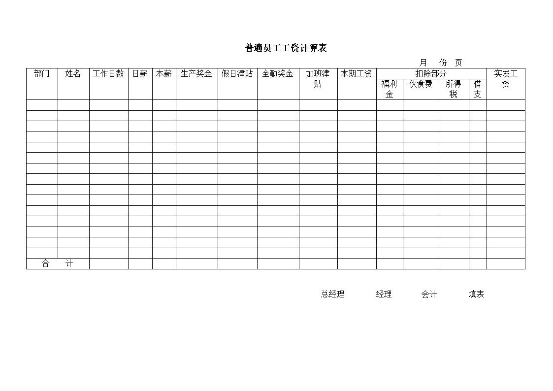 公司普遍员工工资计算统计表格模板