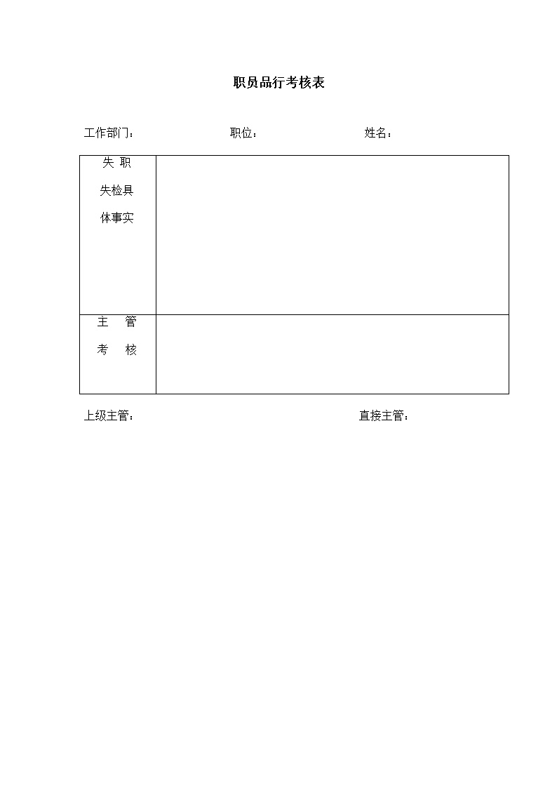 公司办公室职员品行考核表表格模板