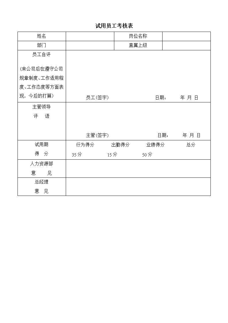 公司试用员工考核表格模板