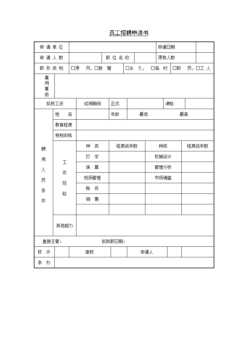 公司企业员工招聘申请书表格模板