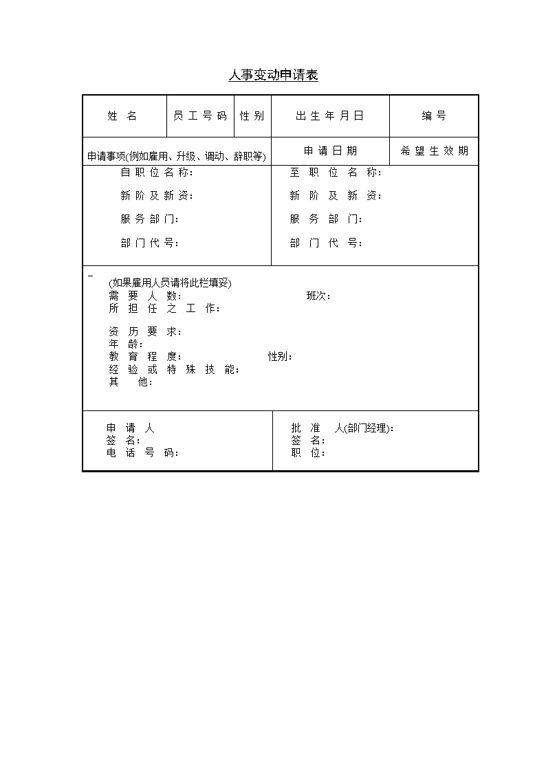 公司人事变动申请表表格模板