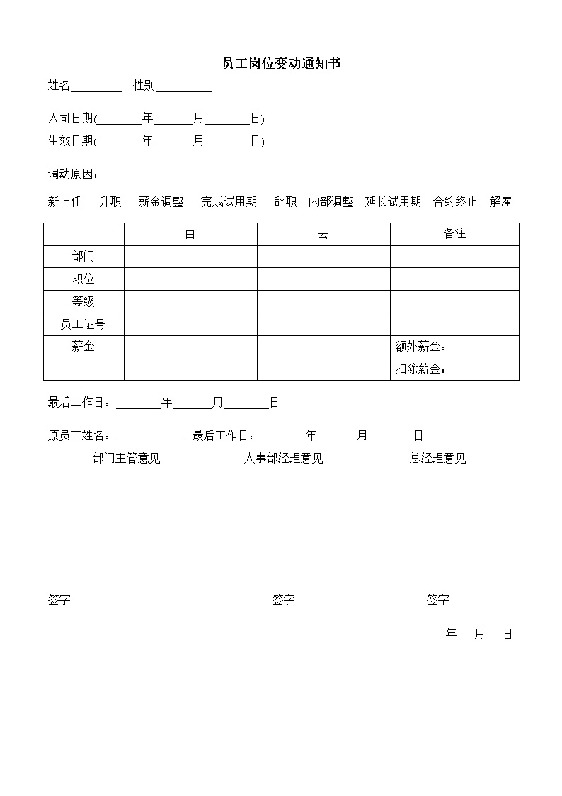 公司员工岗位变动通知书表格模板