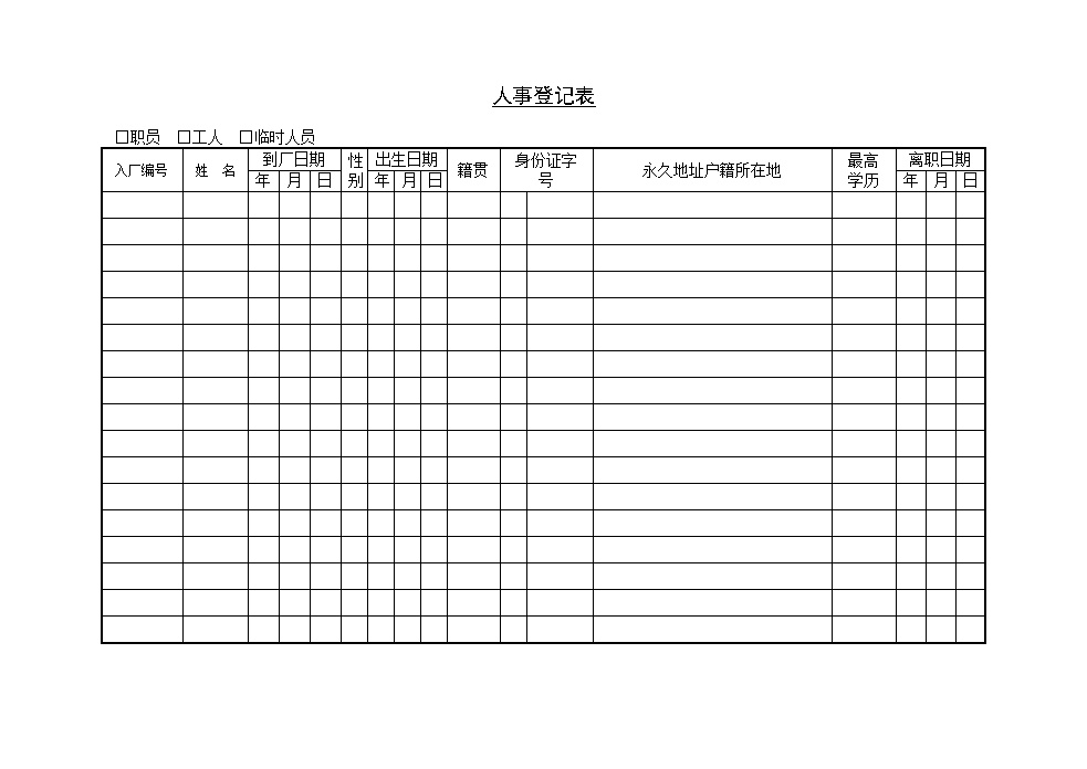 公司人事登记表表格模板