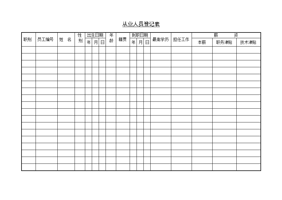 公司人事登记表表格模板