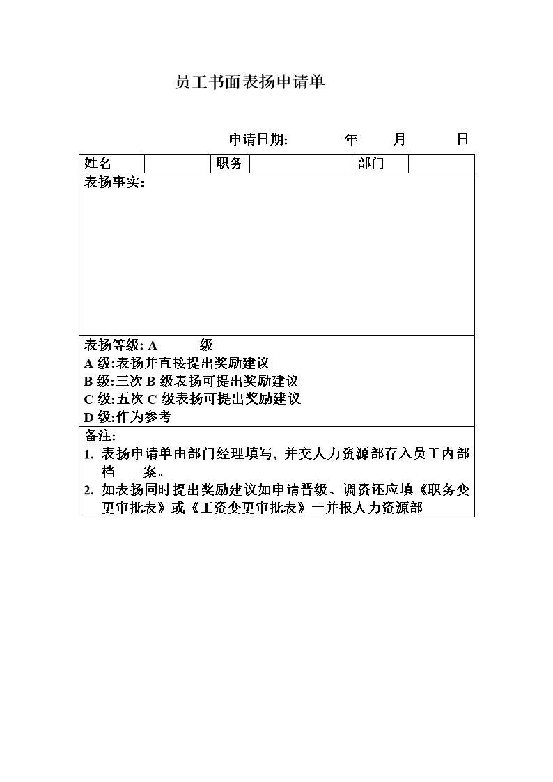 公司企业员工书面表扬申请单表格模板