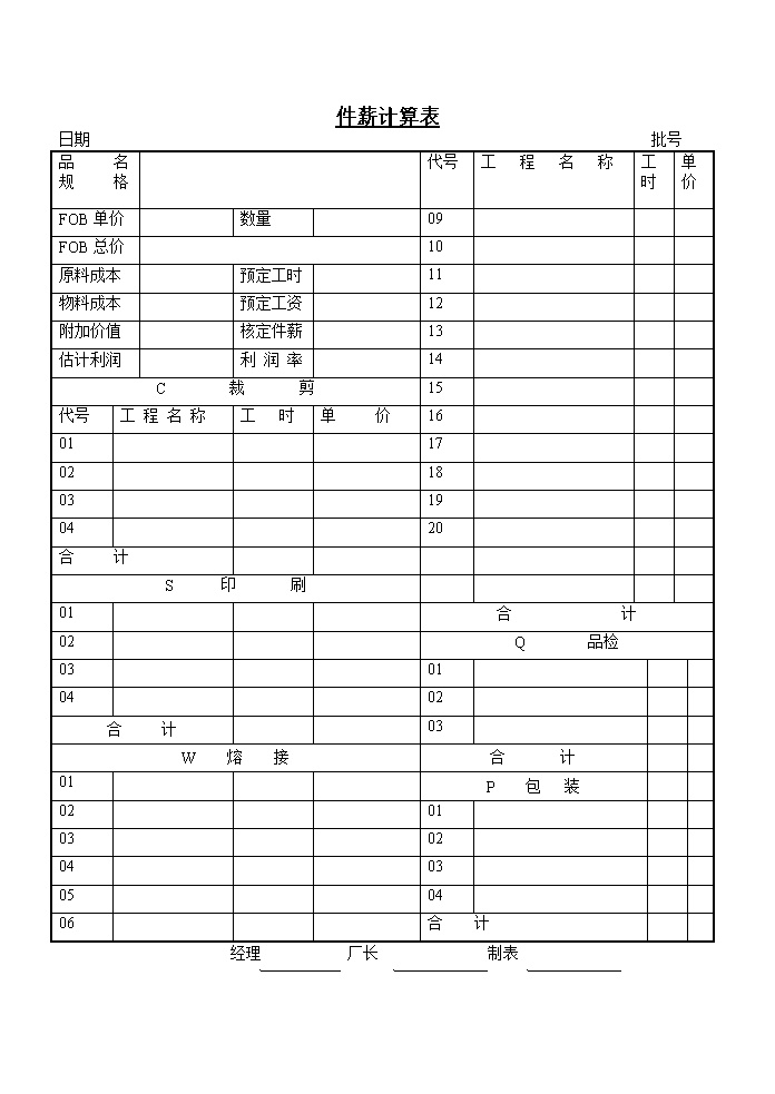 公司件薪计算表表格模板