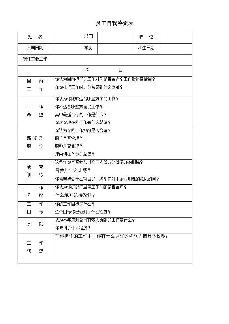 公司企业员工自我鉴定表表格模板