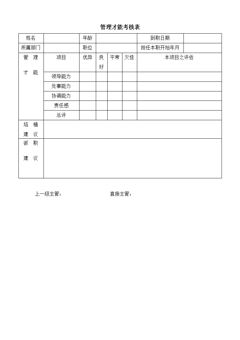 公司管理才能考核表表格模板